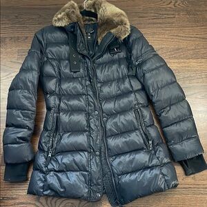 Aqua Black Puffer Jacket with Fur Collar